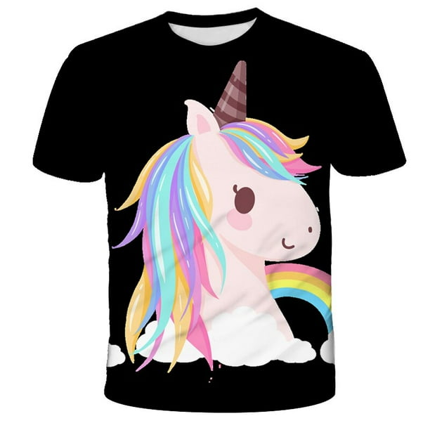 Camiseta con estampado de unicornio en 3D, camiseta bonita de unicornio rosa, camiseta de verano para niñas, ropa de dibujos animados para niños, camisetas casuales para adolescentes 4T Gao Jinjia LED