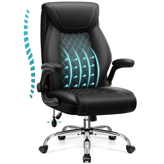 ATHOPE Leather Office Chair, Executive Desk Chairs with Flip-up Padded Armrests, Big and Tall Office Chair with Wheels, Ergonomic Computer Chair with Lumbar Support for Home Office, Black