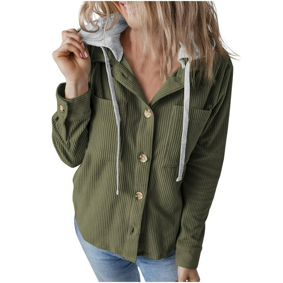 JUUYY Women's Hooded Shirt Jacket Fall Fashion Solid Color Shacket Long Sleeve Button Down Casual Boyfriend Drawstring Outfits Army Green XXL