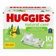 Sensitive Baby Wipes, Huggies Natural Care Baby Diaper Wipes, Unscented, Hypoallergenic, 99% Purified Water, 10 Flip-Top Packs (560 Wipes Total)