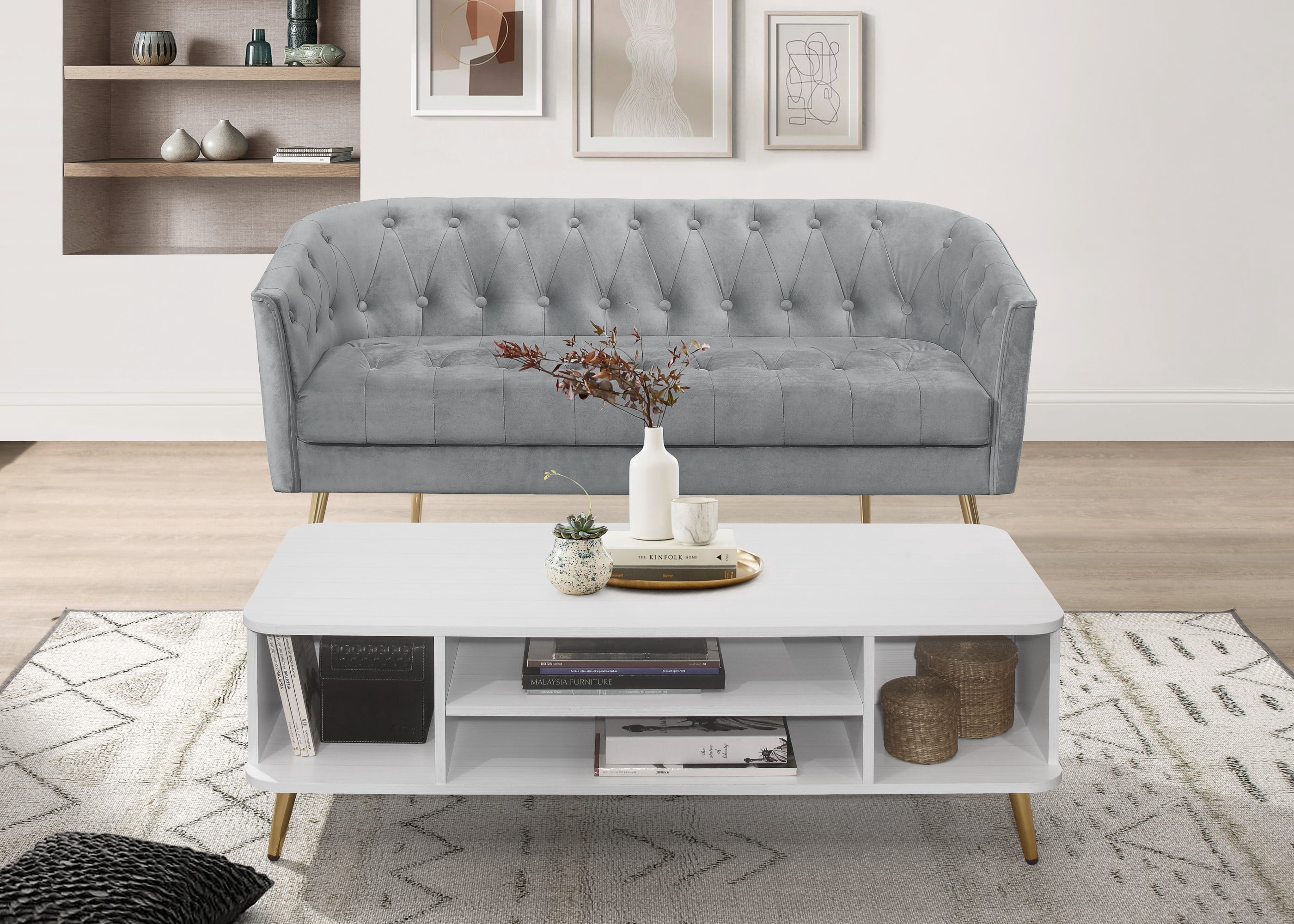 Home Design 2-Piece Cassy Velvet Flared Arm Living Room Furniture Set with Chair with Stool, Loveseat with Coffee Table, Silver Gray