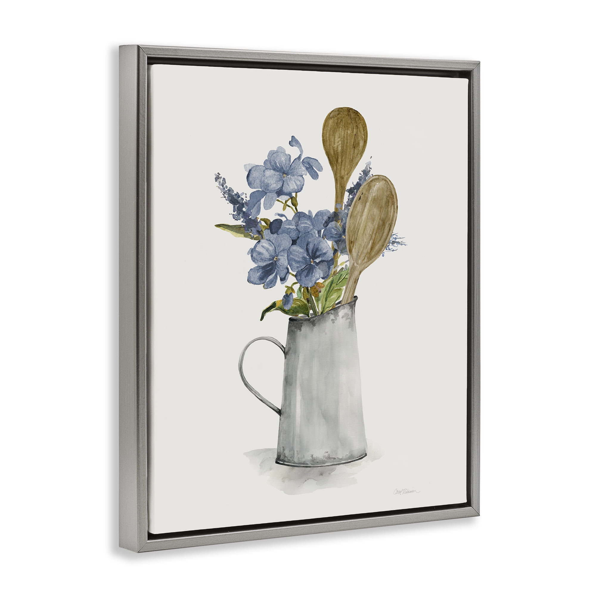 Stupell Industries Kitchen Spoons & Blue Blooms Gray Framed Floater Canvas Wall Art, design by Carol Robinson