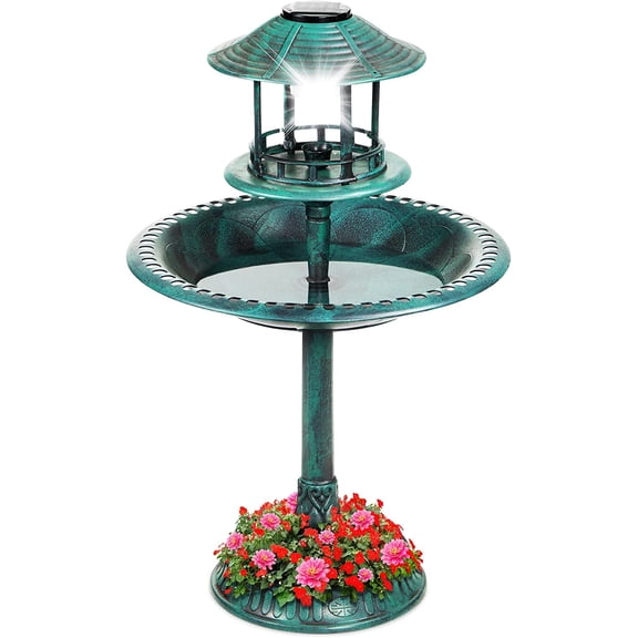 Solar Outdoor Bird Bath Vintage Resin Pedestal Fountain Decoration for Yard, Garden w/Planter Base, Feeder, Decorative Bird Cage, Fillable Stand - Green