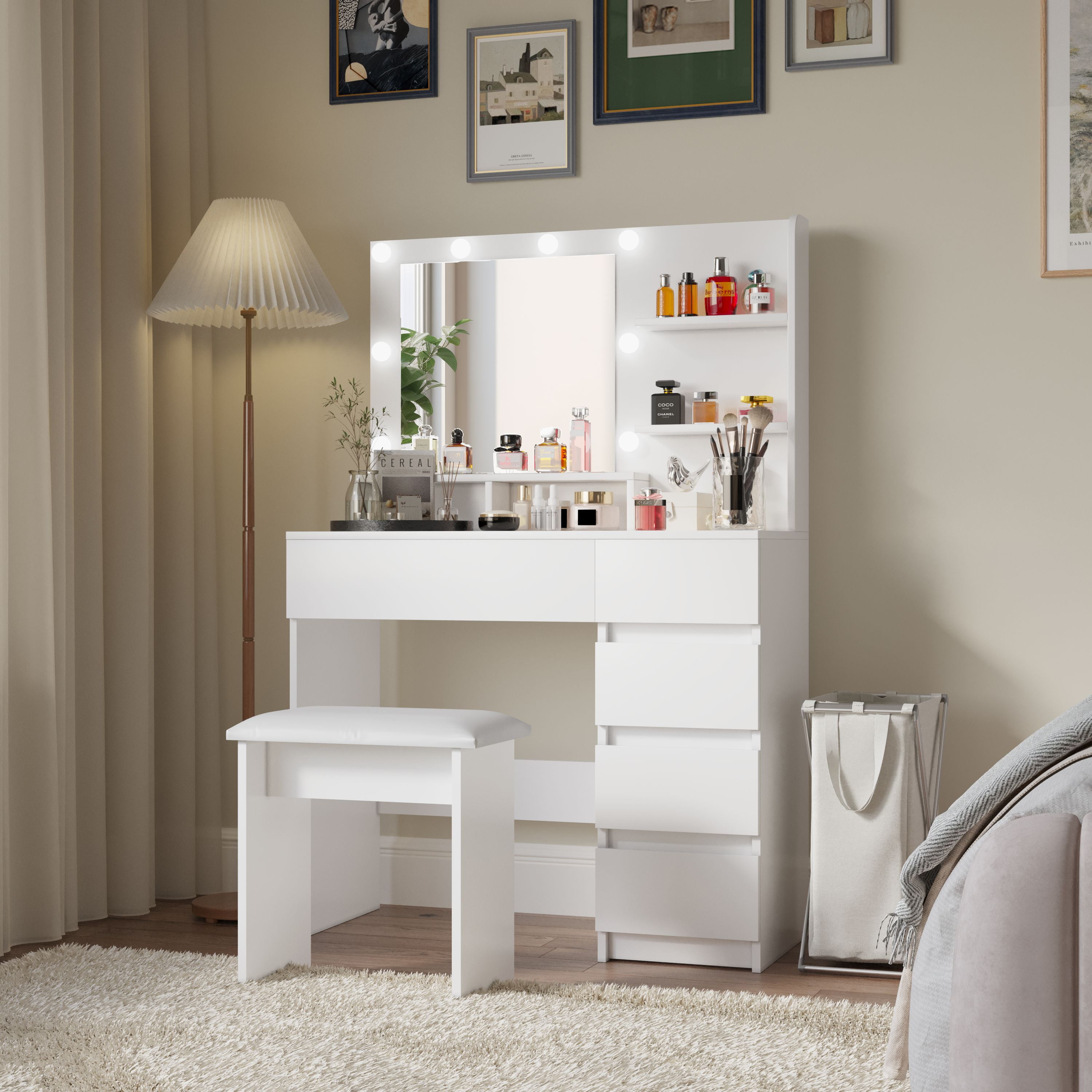 BaPiPro Vanity Desk Set with Lighted Mirror & Stool, White Makeup Vanity Table with 3 Lighting Modes & Adjustable Brightness, Large Storage Dressing Table for Bedroom