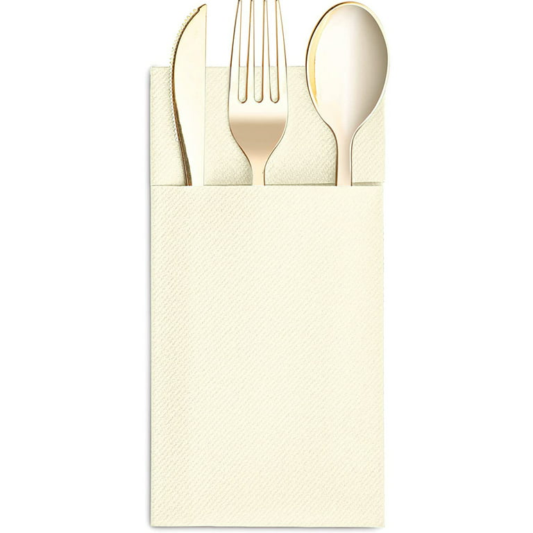 Silver Plastic Cutlery in White Pocket Napkin Set - 7 Napkins, 7 Forks, 7  Knives, and 7 Spoons