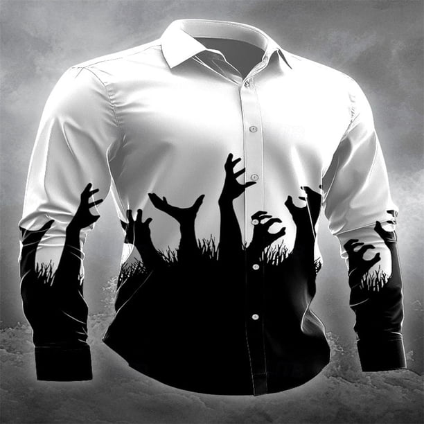 Camisa negra de manga larga para hombre para fiesta de finales de otoño, invierno, primavera y verano, cuello de camisa con estampado 3D de alta definición