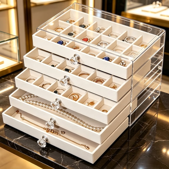 Women Large Jewelry Storage Box with 5 Velvet Drawers, Clear Acrylic Lid Jewelry Holder Organizer for Earrings, Rings, Bracelets, Necklaces, Crystal Pull Handles