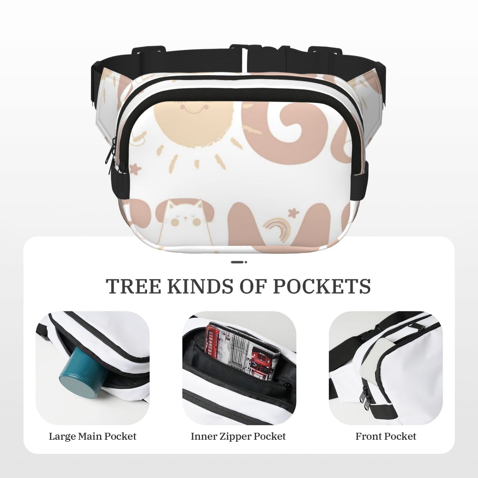 Picia Cat Yoga Time Print Square Double-Layer Waist Bag Mini Adjustable Waist Belt Bag Exercise Running Travel Hiking