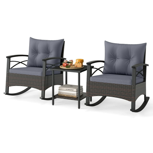Gymax Set of 3 Rattan Rocking Chair Set w/Acacia Wood Tabletop Armrests for Porch Balcony Gray