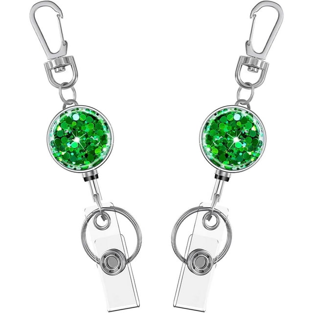 ORUYROP 2 Pack Glittery Retractable Keychain, Cute Metal Badge Reels Retractable,Retractable ID Name Badge Holder Reels with Carabiner Clip and Key Ring,Durable Retractable Rope (Bling Green)