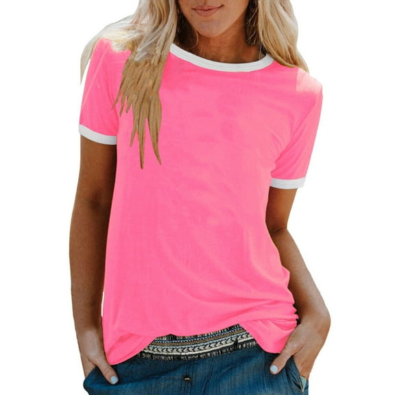 Women's Summer White Edge Short Sleeve Round Neck Top - Loose Pullover, Polyester/Spandex, Casual - S-XXXXXL Sizes