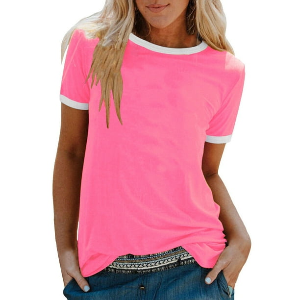 Top de manga corta con cuello redondo y ribete blanco de verano para mujer - Suéter holgado, poliéster/spandex, informal - Tallas S-XXXXXL