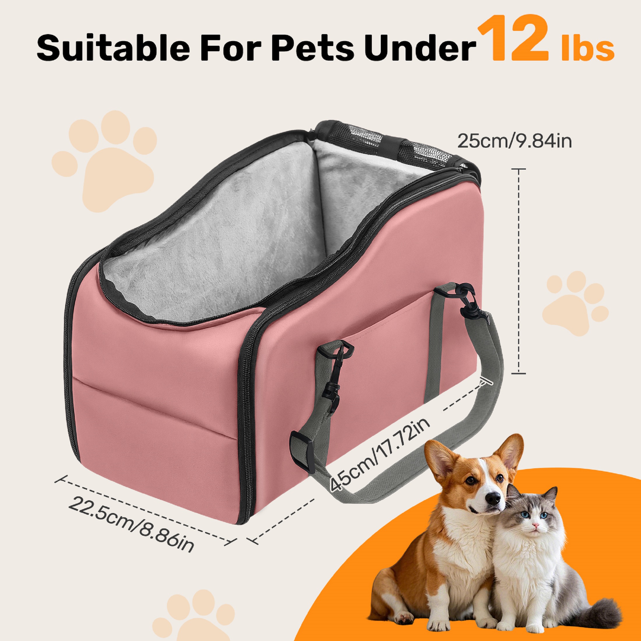 Pet Booster Seat For Cars, Dog Car Carrier With Safety Harness, Portable Travel Vehicle Pet Bed for Small Dogs, Cats Easy-Clean & Sturdy Construction, Pink