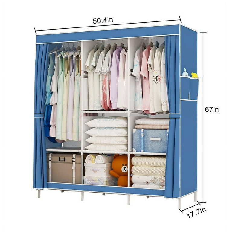  YOUUD Portable Closet 57 Inch Wardrobe Closet Clothes Organizer  with 3 Storage Shelves and 3 Hanging Rods, Cloth Closet of Colored Rods  Grey Cover Quick and Easy to Assemble,Strong and Durable 