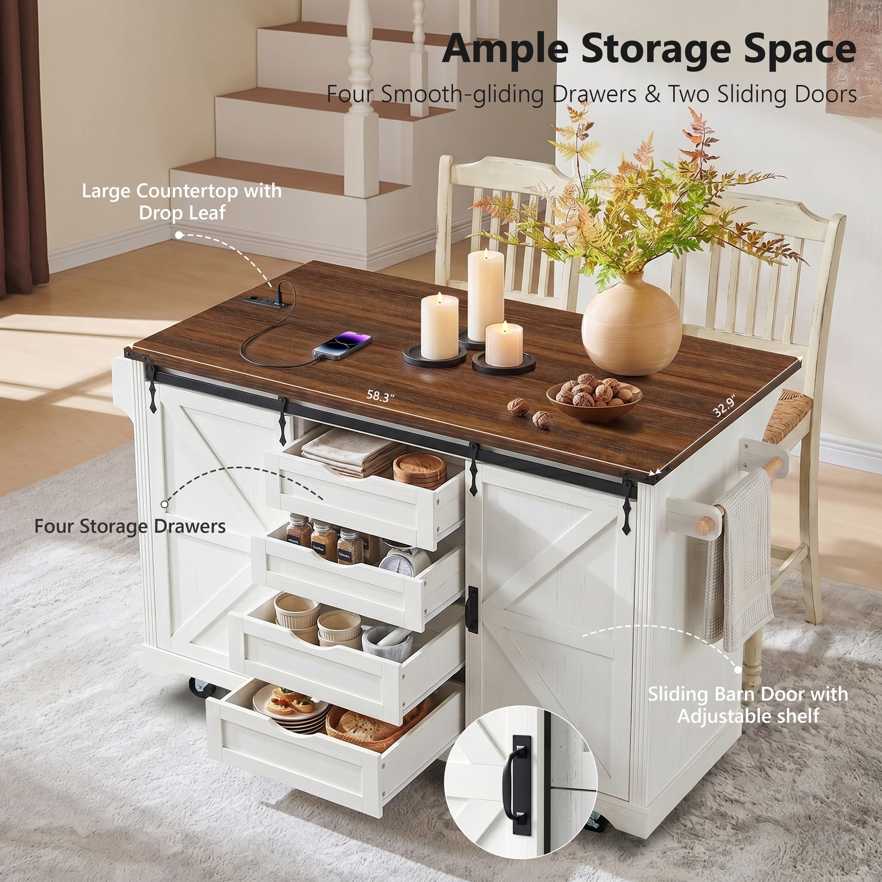 Mintazer 72" Farmhouse Rolling Kitchen Island with 2 Mini Fridge Space & Drop Leaf Countertop and Power Outlet, Bar Storage Cabinet with 4 Drawers & Barn Doors for Kitchen Dining Room, White & Walnut