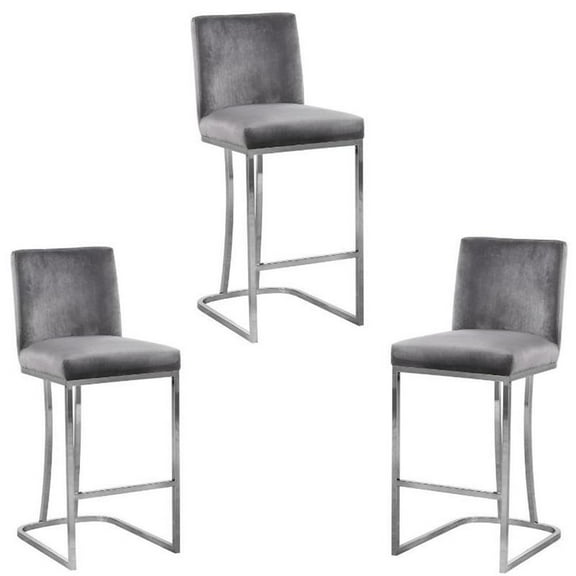 Home Square 3 Piece Silver Metal Base Velvet Counter Height Stool Set in Gray