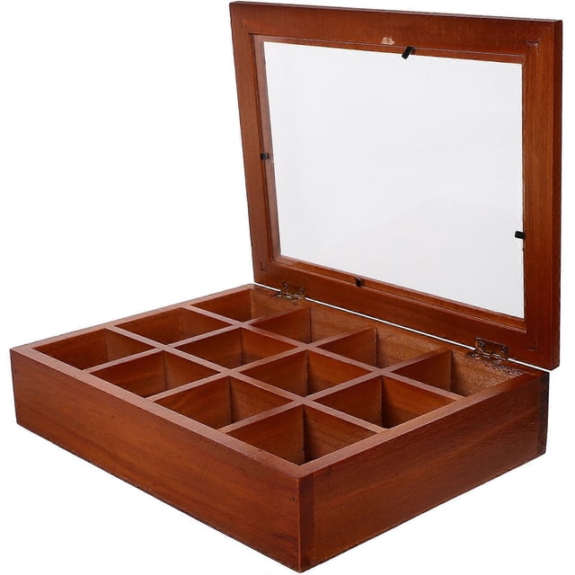 Wood Tea Bag Holder Tea Bag Storage Case 12-Compartment Spice Bag Holder with Clear Lid
