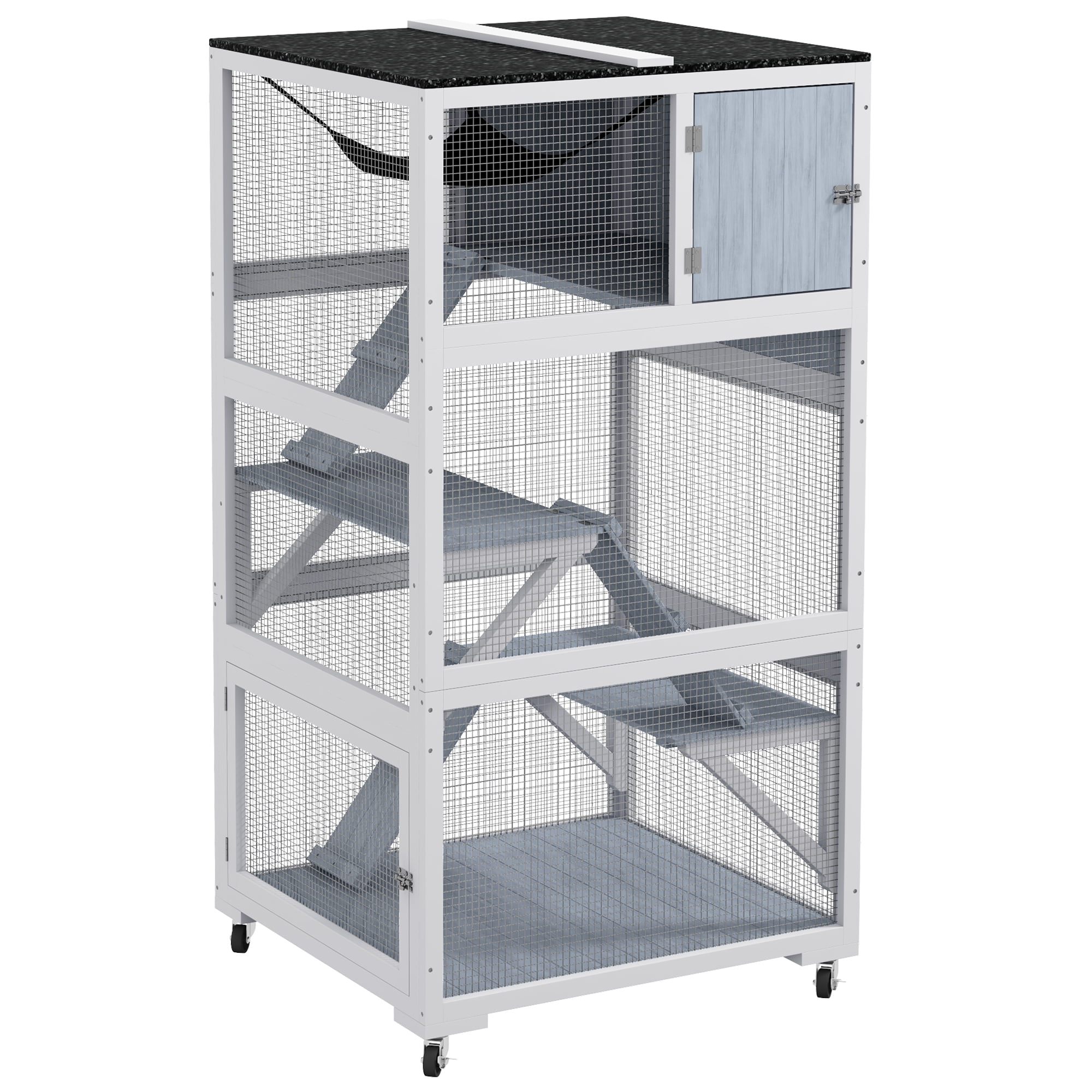 PawHut Catio, Outdoor Cat Enclosure House, Wooden Feral Cat Shelter on Wheels with Hammock, Platforms Ramps, and Waterproof Roof, 34", Gray