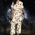 thumbnail image 3 of Lounge Sets for Women BWASD Cozy Satin Printed Pajama Set Short Sleeve Top and Pants Home Wear Sleepwear Halloween Autumn Holiday Night for Halloween Funny Gift Beige,L, 3 of 8