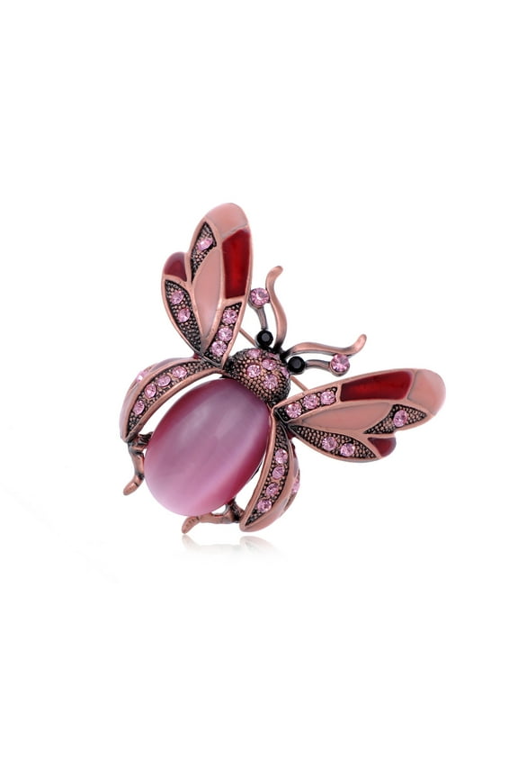 Copper Tone Light Rose Colored Rhinestones Ladybug Fly Insect Brooch Pin