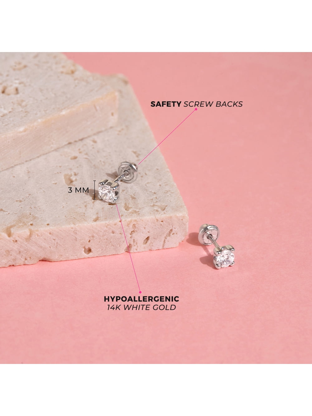 14k White Gold Tiny 3mm Clear CZ Solitaire Toddler & Baby Screw Back Earrings