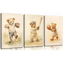 Teddy Bear Sports Nursery Animal Canvas Wall Art Cute Woodland Baby Bear Rugby Wall Decor Pictures Football Basketball Baseball Kids Room Posters Prints for Children Bedroom(only canvas)