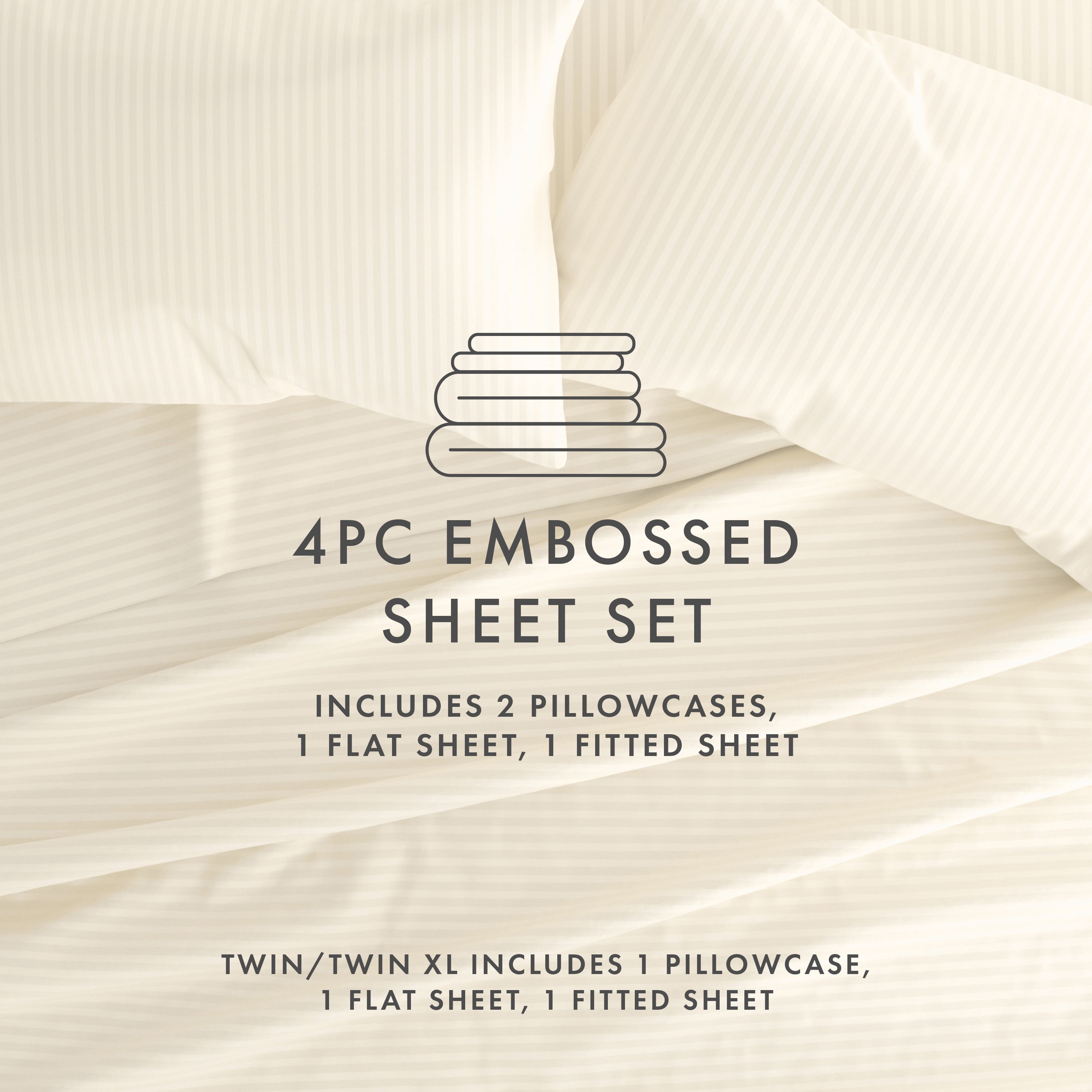 Noble Linens 4 Piece Ivory Striped Embossed Bed Sheet Set, CalKing