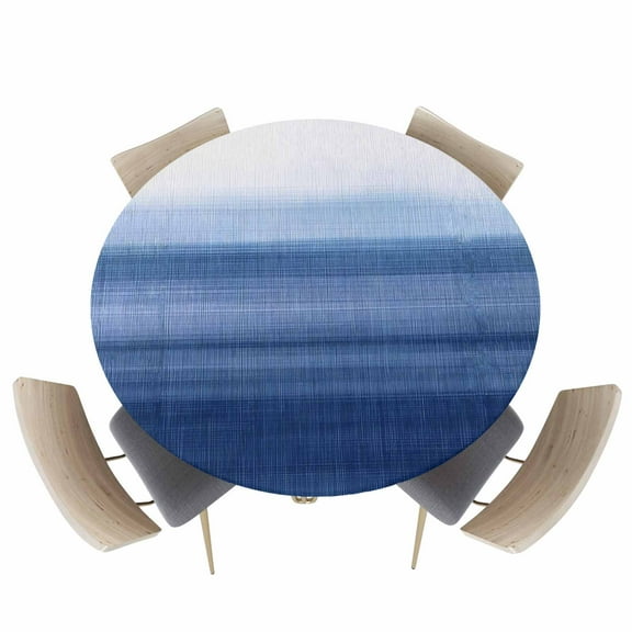 Abstract Navy Blue White Gradient Fitted Round Tablecloths Elastic Edged Table Covers 36"-44",Modern Linen Style Waterproof Dining Room Kitchen Table Cloth for Holiday Party Tables Decor