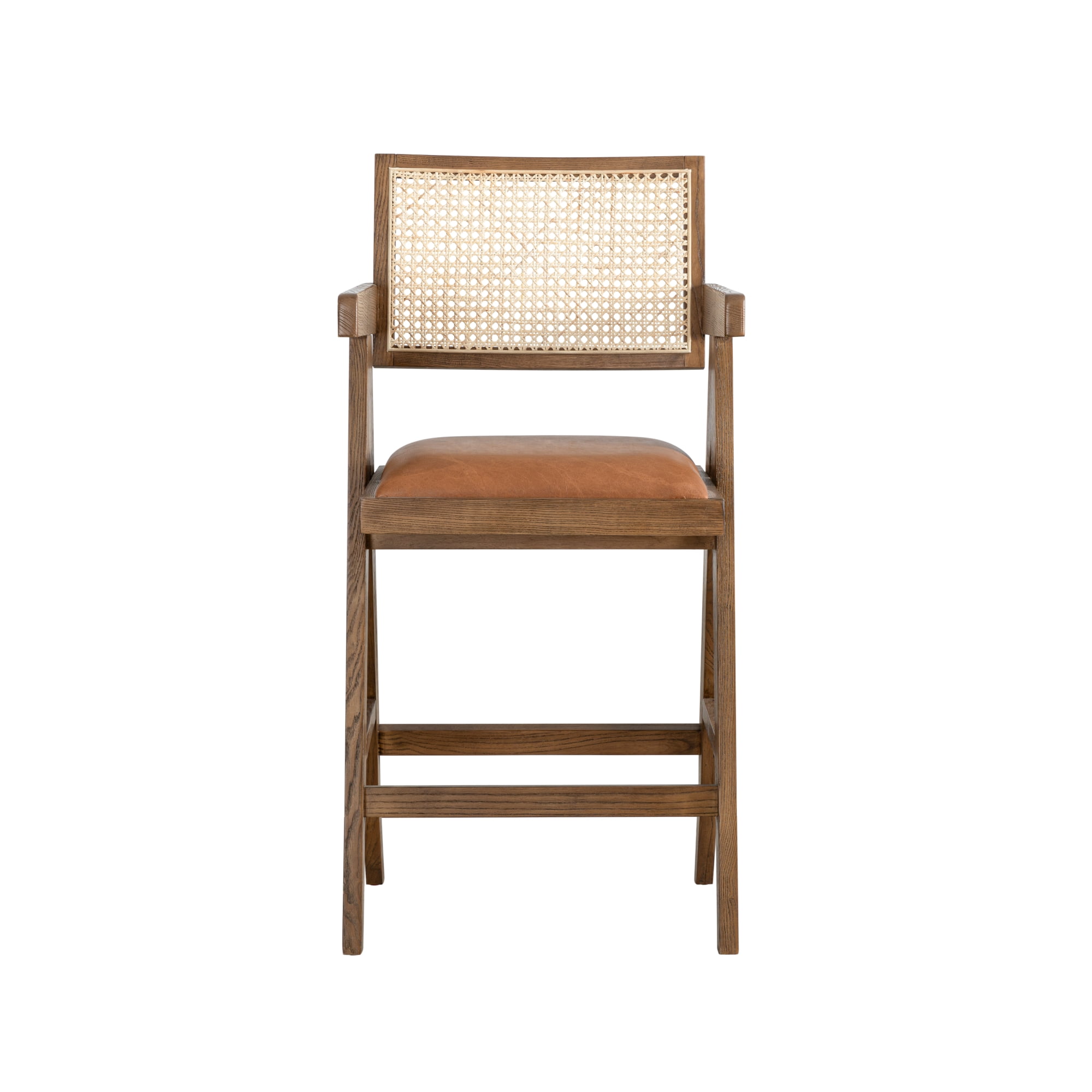 Harley Nutmeg Brown Solid Wood and Rattan Upholstered 26" Counter Height Barstool with Red/Brown Faux Leather Seat - Set of 2