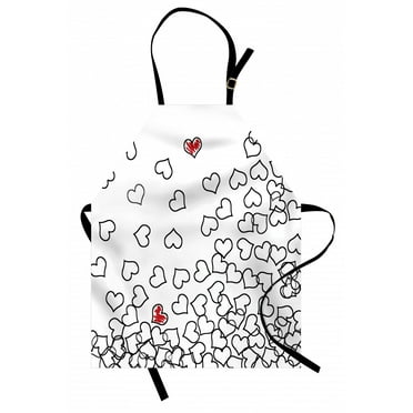 Black and White Apron Heart Shapes Illustration Love You Bridal Wedding His and Hers Theme, Unisex Kitchen Bib Apron with Adjustable Neck for Cooking Baking Gardening, Black White Red, by Ambesonne