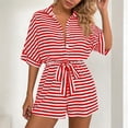 thumbnail image 2 of Short Rompers for Women Dressy Casual Striped Button Up Short Sleeve Jumpsuit Shorts with Belt Pockets (XL, Red), 2 of 7