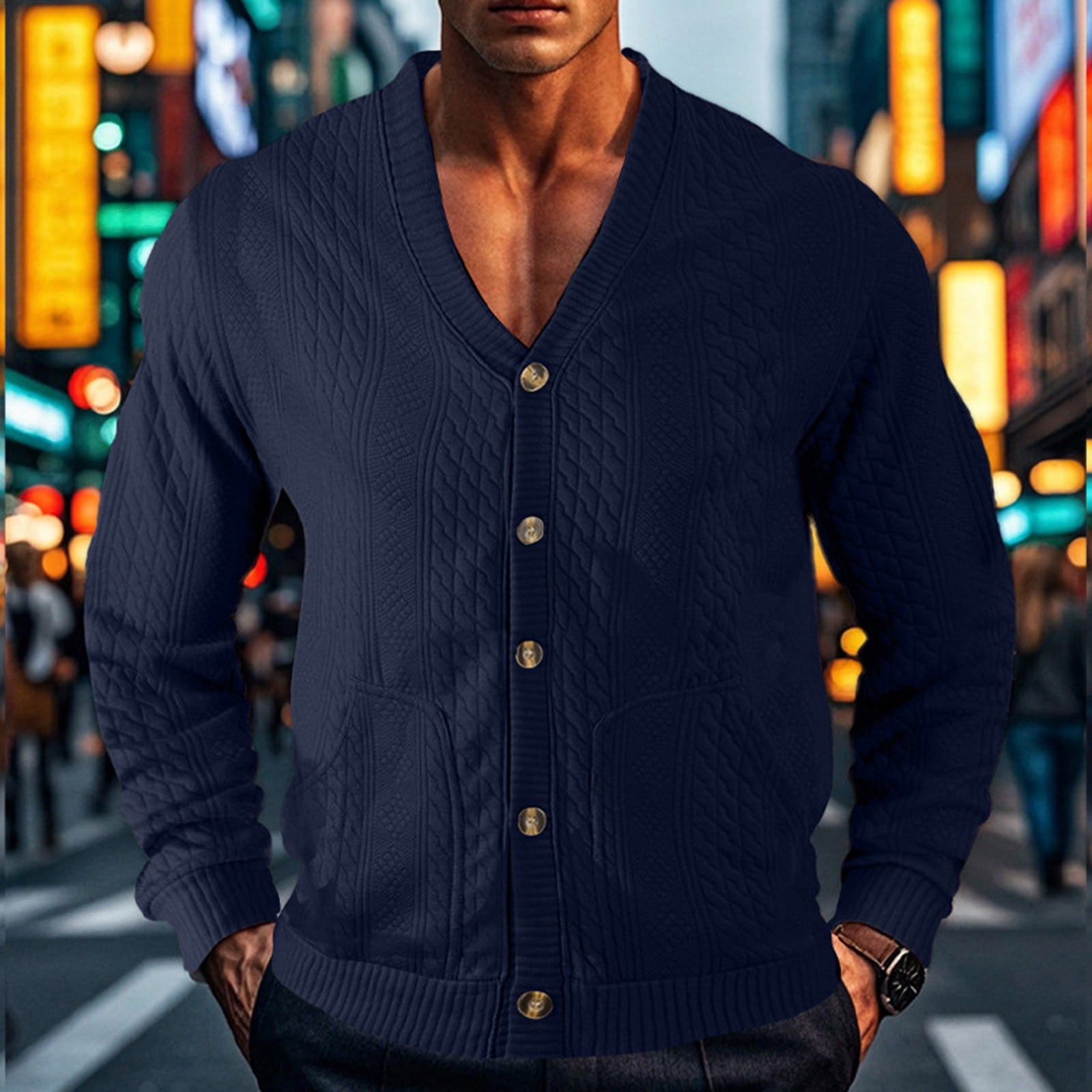 Xysaqa Men's V-Neck Cardigan Sweater Slim Fitted Buttons Down