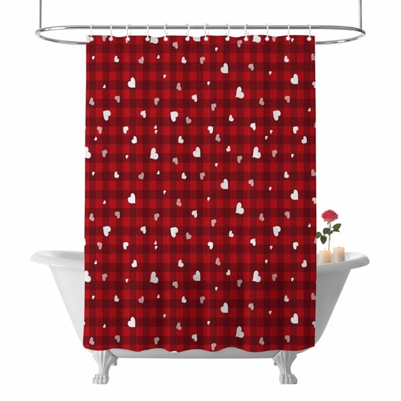 Valentine's Day Shower Curtain Love Hearts Bathroom Curtains with Hooks, Waterproof Fabric Romantic Red Buffalo Plaid Bath Shower Curtains Set for Bathroom Bathtubs Valentines Decor 72x72 Inch
