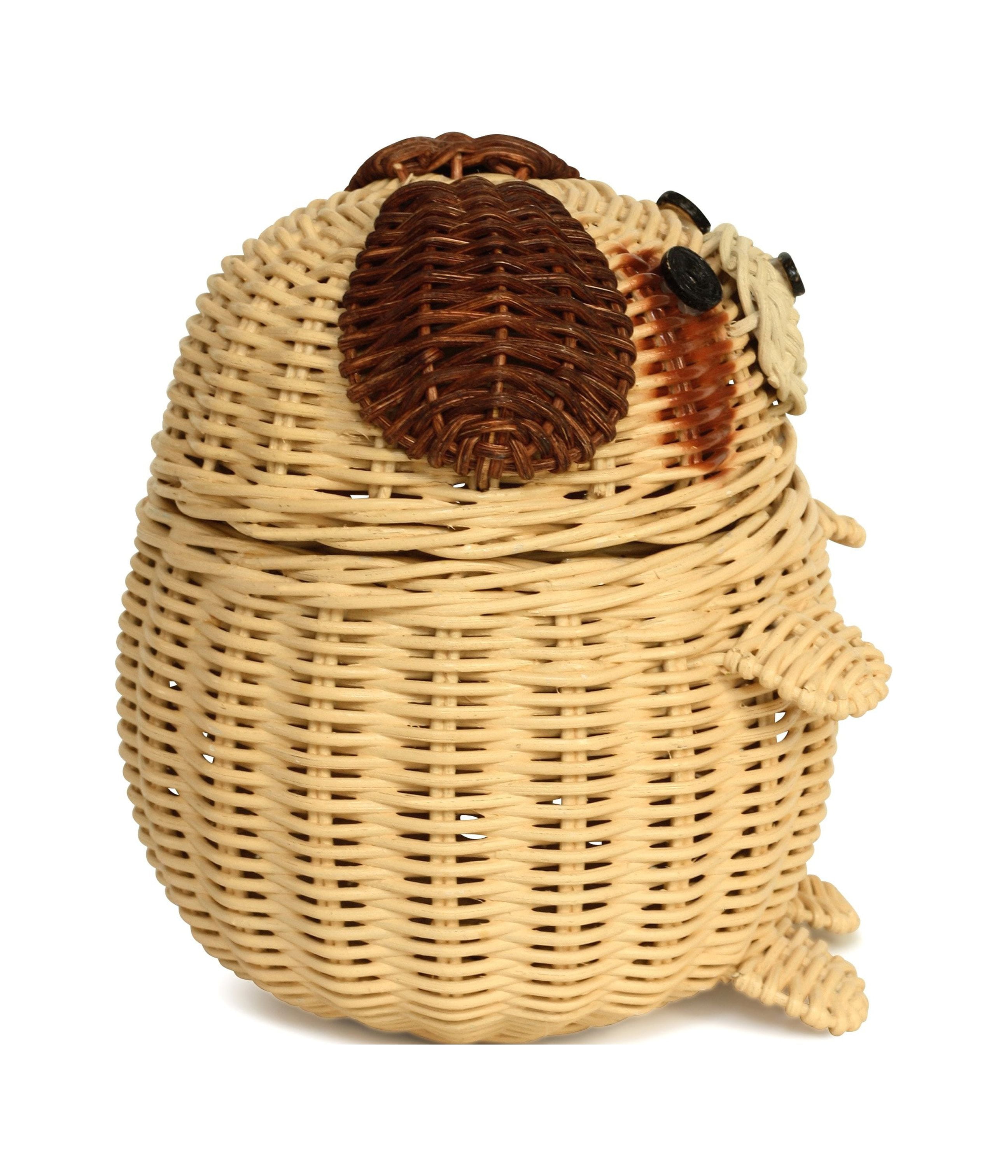 Dog Rattan Storage Basket with Lid Decorative Home Decor Hand Woven Shelf Organizer Cute Handmade Handcrafted Gift Art Decoration Artwork Wicker Puppy