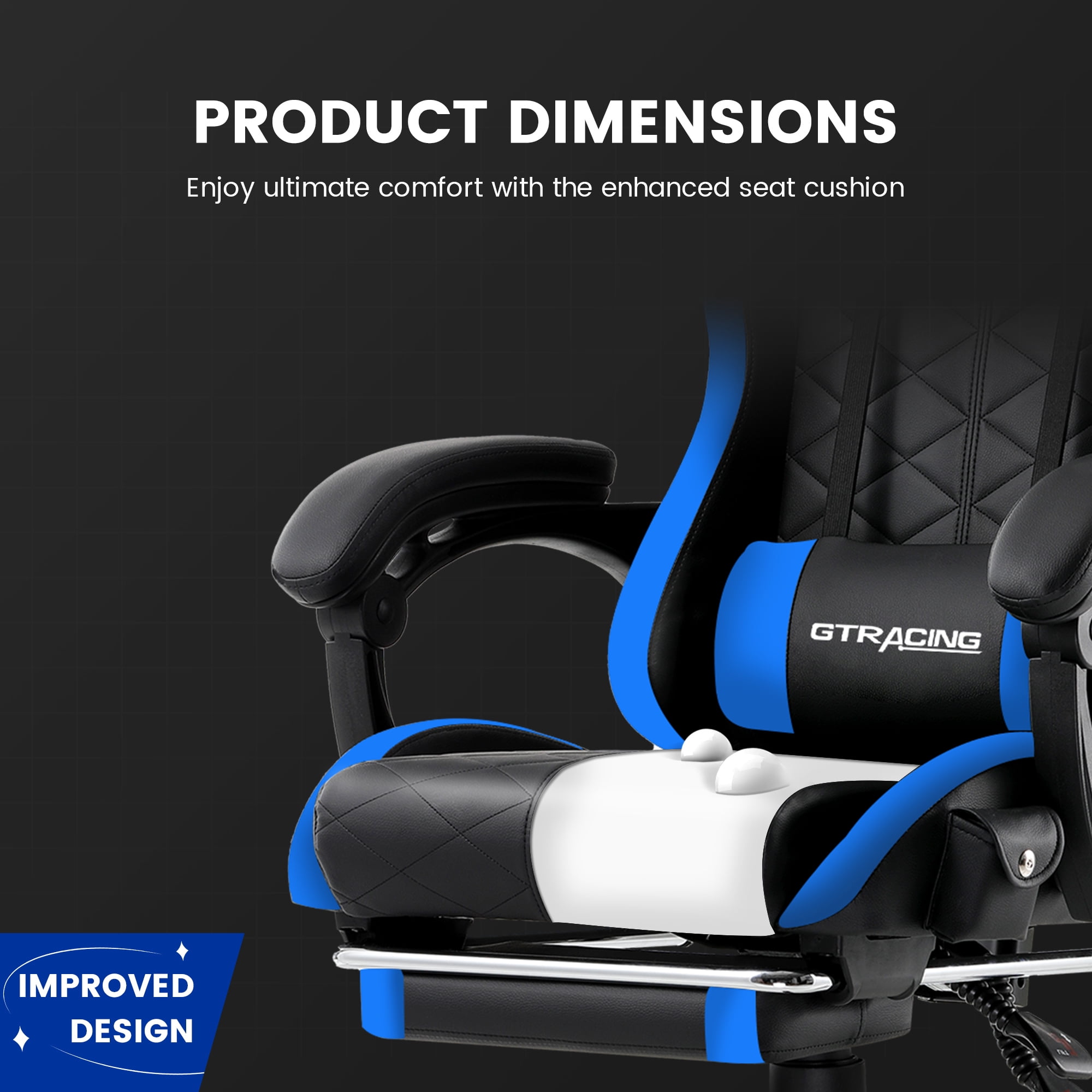 GTRACING GTW-100 Reclining Gaming Chair with Bluetooth, Adjustable Pillows and Footrest, Blue