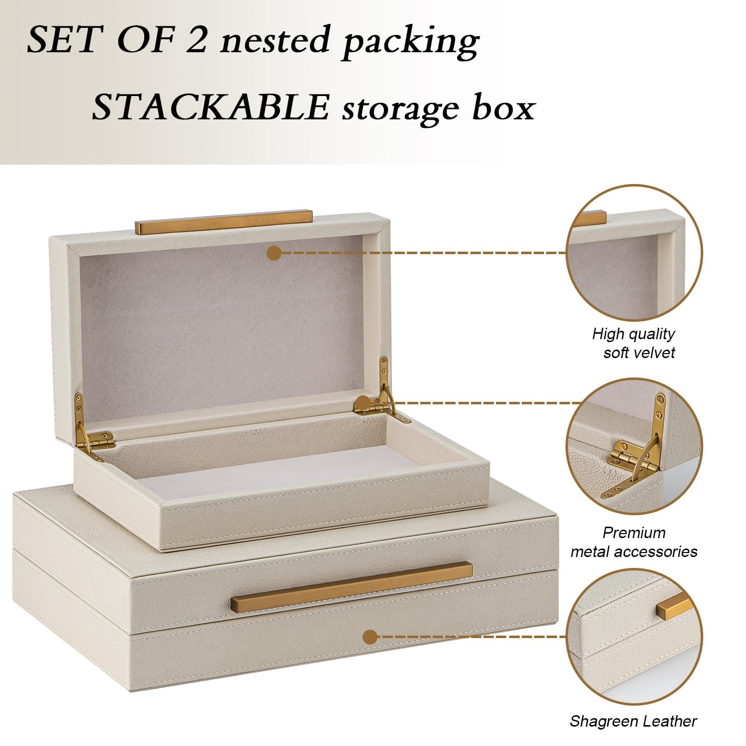 Set Of 2 Beige Shagreen Decorative Storage Boxes With Metal Handles - Faux Leather & Memory  Nesting Photo Organizers For Home Decor
