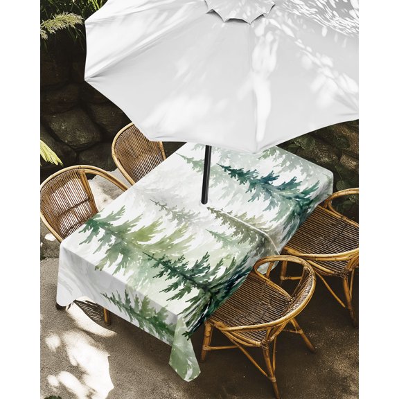 Outdoor Tablecloth with Umbrella Hole, Winter Pine Trees Ombre Green Zippered Table Cloth for Rectangle Tables, Modern Abstract Art Washable Waterproof Tablecloths for Picnic Patio Garden