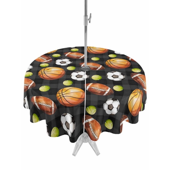 Outdoor Tablecloth with Umbrella Hole for Patio/Picnic/Party/Camping, Brown Basketball Football Waterproof Table Cloth Round Cover Washable, Checkered Ball Watercolor (Dia 60")