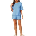 thumbnail image 2 of INSPIRE CHIC Women's Lounge Outfits Casual Round Neck Shorts Sleeves Ribbed Tops with Shorts Pajama Sets M Blue, 2 of 6
