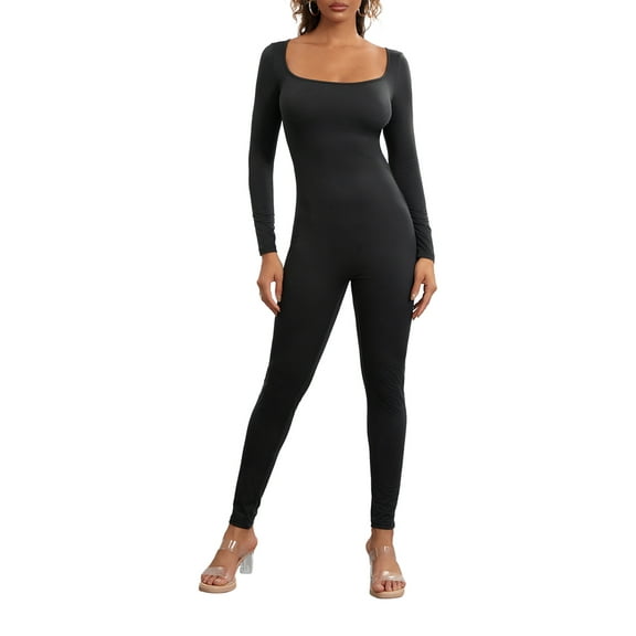 Douhoow Women Yoga Jumpsuits Long Sleeve Square Neck Ankle Length Bodycon Romper Fashion Skinny Playsuits