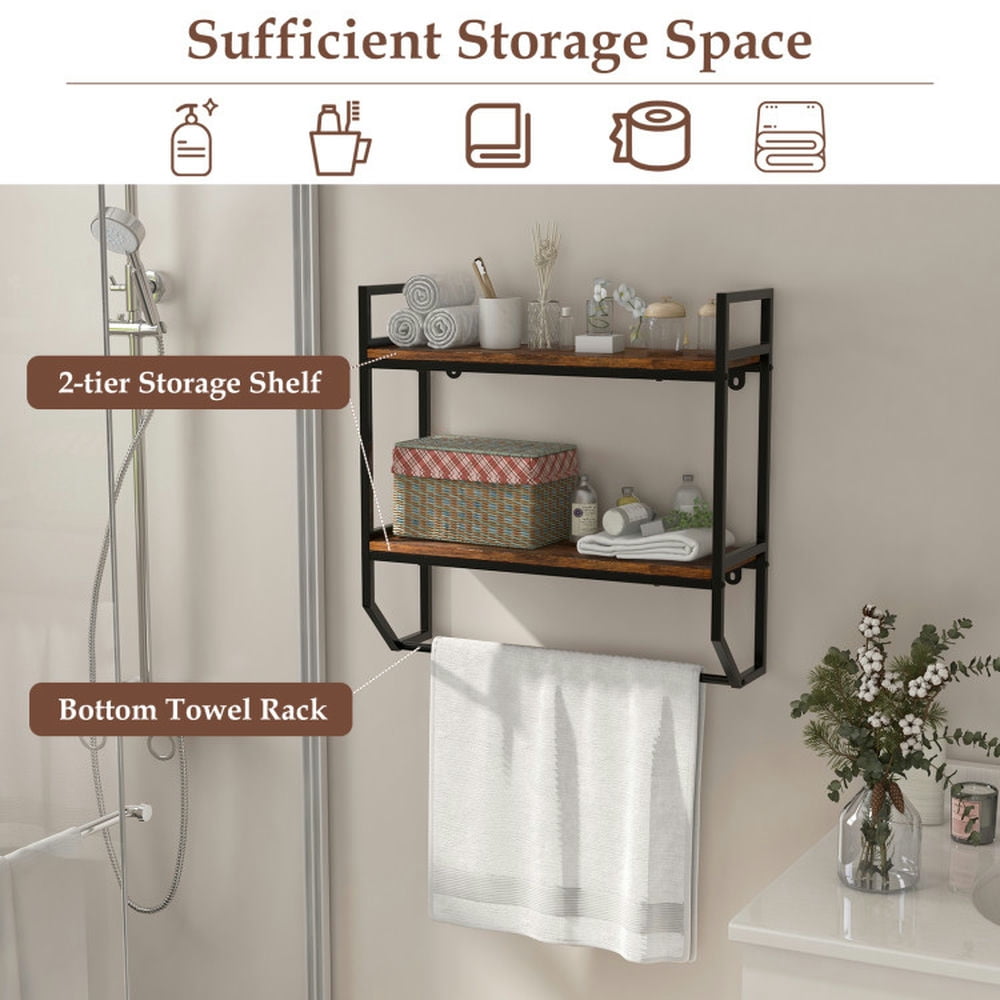 Finihen Wall Mounted Towel Warmer, Towel Rack, Towel Holder, Over the Toilet Shelf Wall Mounted with Metal Frame, for Bathroom, Kitchen, Rustic Brown