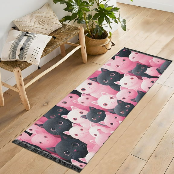 Cats Black Pink Cartoon Runner Rug Machine Washable Area Rugs Carpet Non Slip Entryway Mat for Bedroom Entryway Front Door
