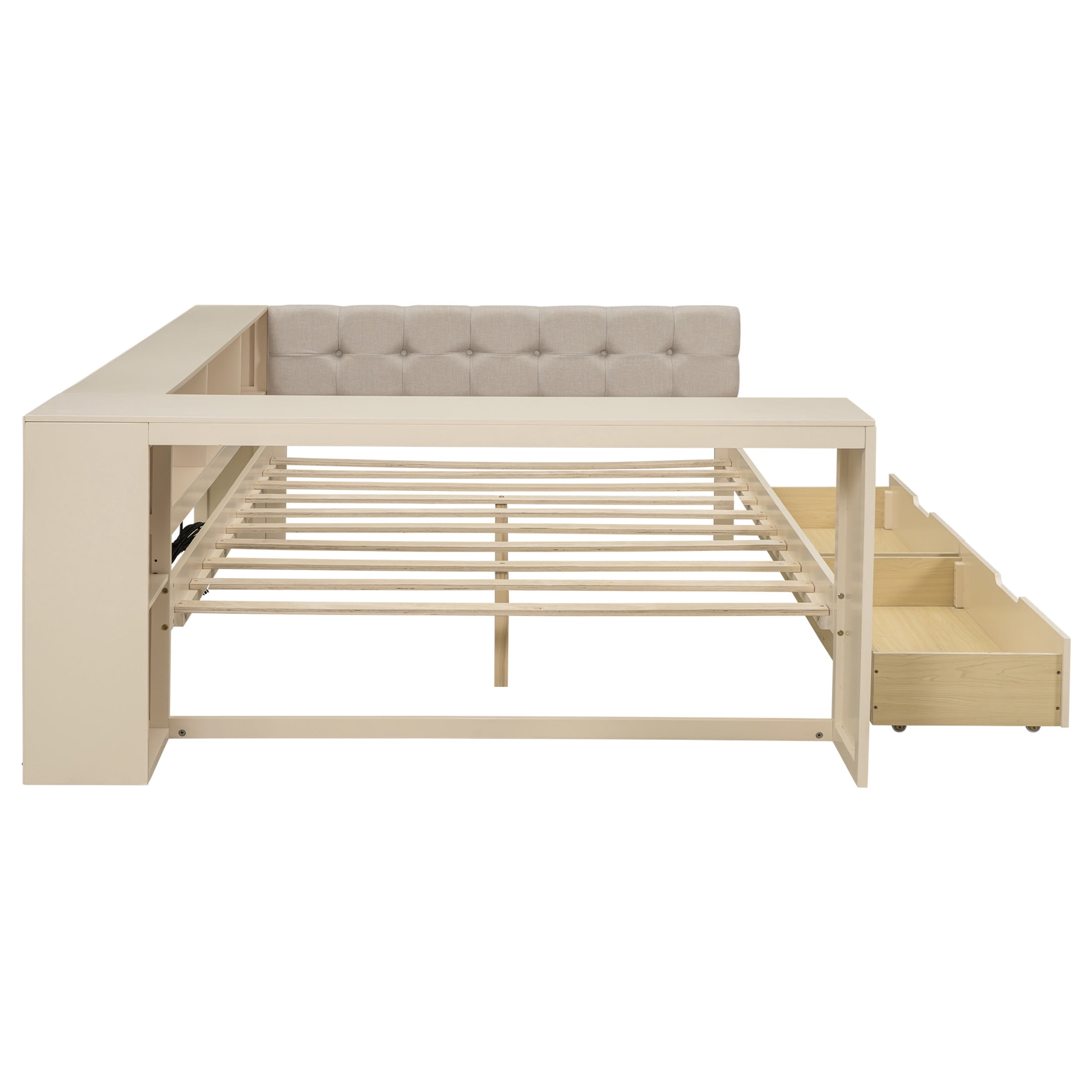 Noble House Udolf Full Platform Bed with Upholstered Headboard, Storage Shelves and Drawers, Charging Station, Cream