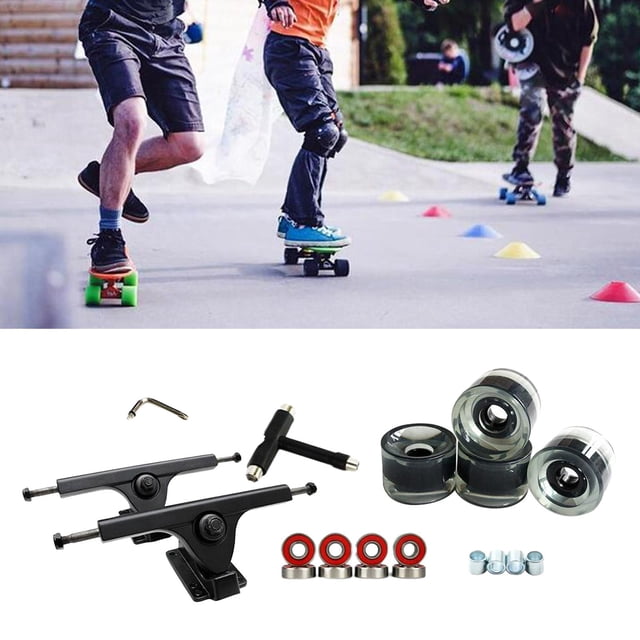 monopatín cola ruedas de camiones de skate abec-11 llave de rueda reparación negro claro vista frontal con dos camiones tipo C negros con base, cuatro ruedas translúcidas negro claro 70 x 51 mm, ocho rodamientos 608 ABEC-11 con sellos rojos, herramienta en T negra y cuatro espaciadores metálicos sobre fondo blanco; también adecuado para montar o reparar longboards para principiantes.