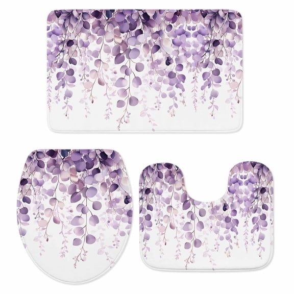 Purple Eucalyptus Bath Mat 3 Piece Bathroom Rug Set, Spring Botanical Plant Aesthetic Non Slip Bath Rug Contour Mat and Toilet Lid Cover, Absorbent Shower Mats Soft Bath Rugs and Mats Sets