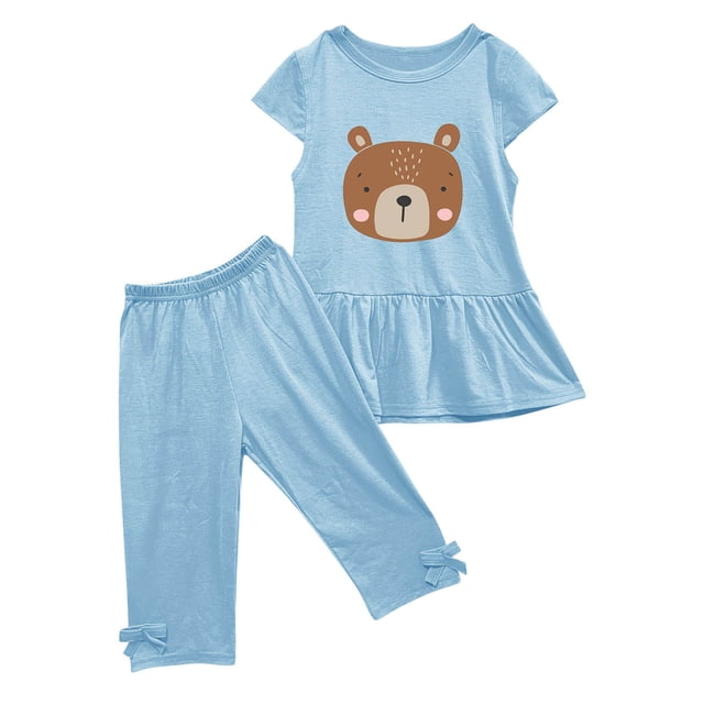 Birdeem Shirts for Girls Girls Summer Round Neck Small Print Short Sleeved Flying Sleeves Elastic Waist Cropped Pants Two-Piece Set