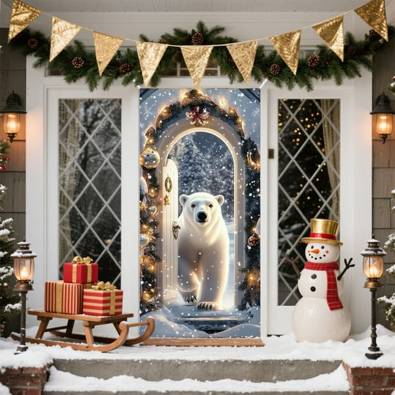 KOYPTL Christmas Door Cover,Merry Christmas Hanging Door Banner with White Rope Christmas Photo Booth Background Props for Winter Party Holiday Porch House Christmas Decorations 71x35 Inch