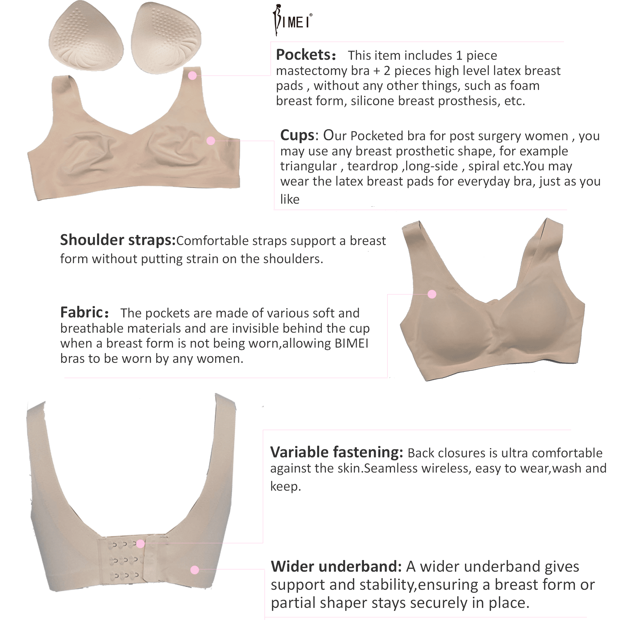BIMEI Seamless Mastectomy Bra for Women Breast Prosthesis with Pockets  Sleep Bras Soft Daily Bras with Removable Pads,Beige,3XL