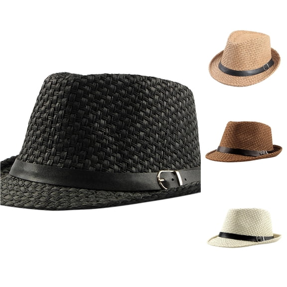 XIAOCHA Mens Buckle‑Accent Fedora Hat Woven Hats for Beach Trip Fedorahatgears,Black