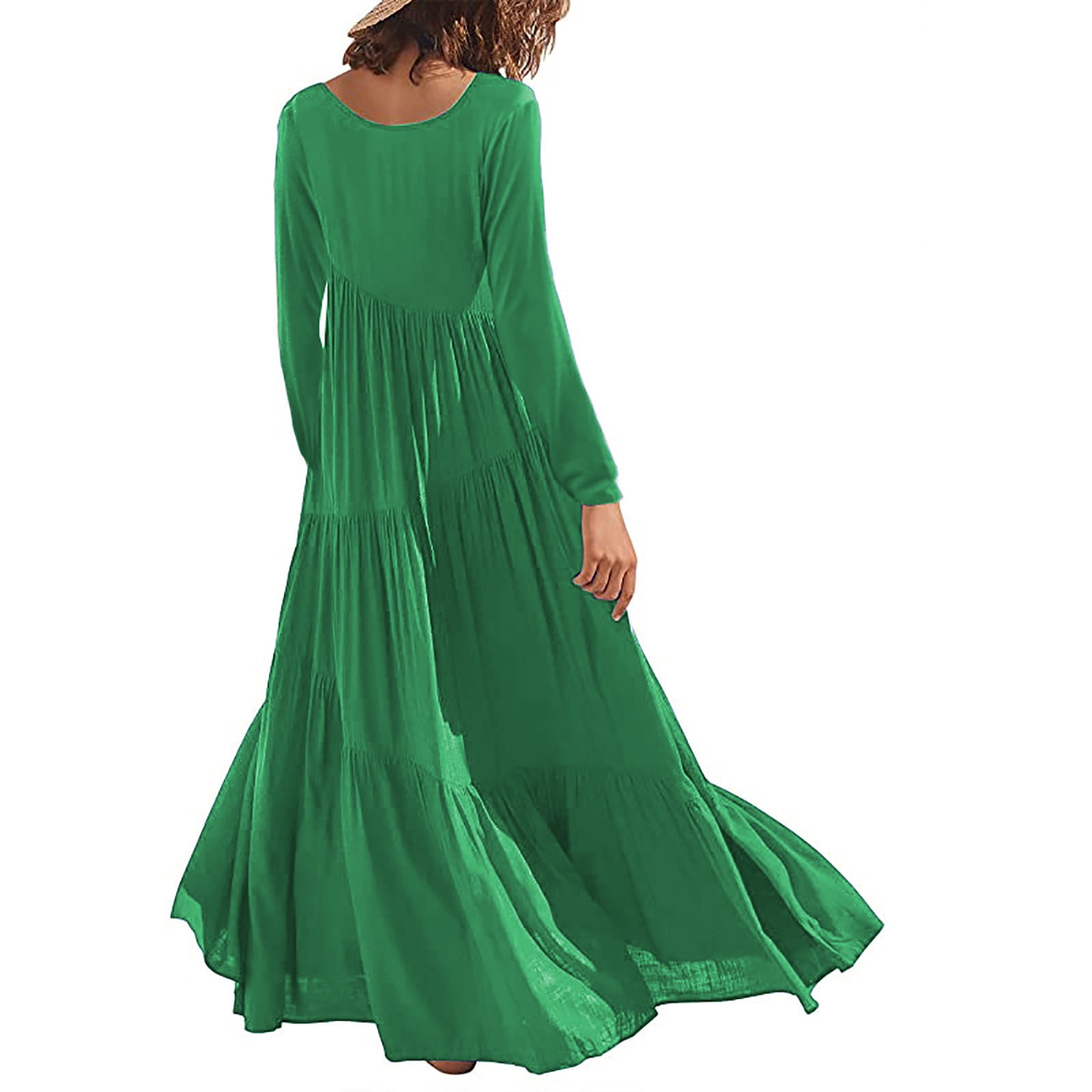 Women's Short/Long Sleeve Loose Plain Maxi Dresses Crewneck Casual Tiered Flowy Pleated Swing Beach Long Dresses